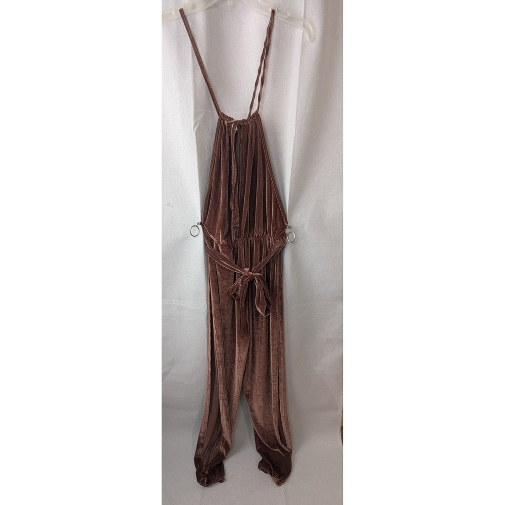 Fashion Nova Jumpsuit Women 2XL Mauve Brown Excellent Velvet Pleated Halter Tie